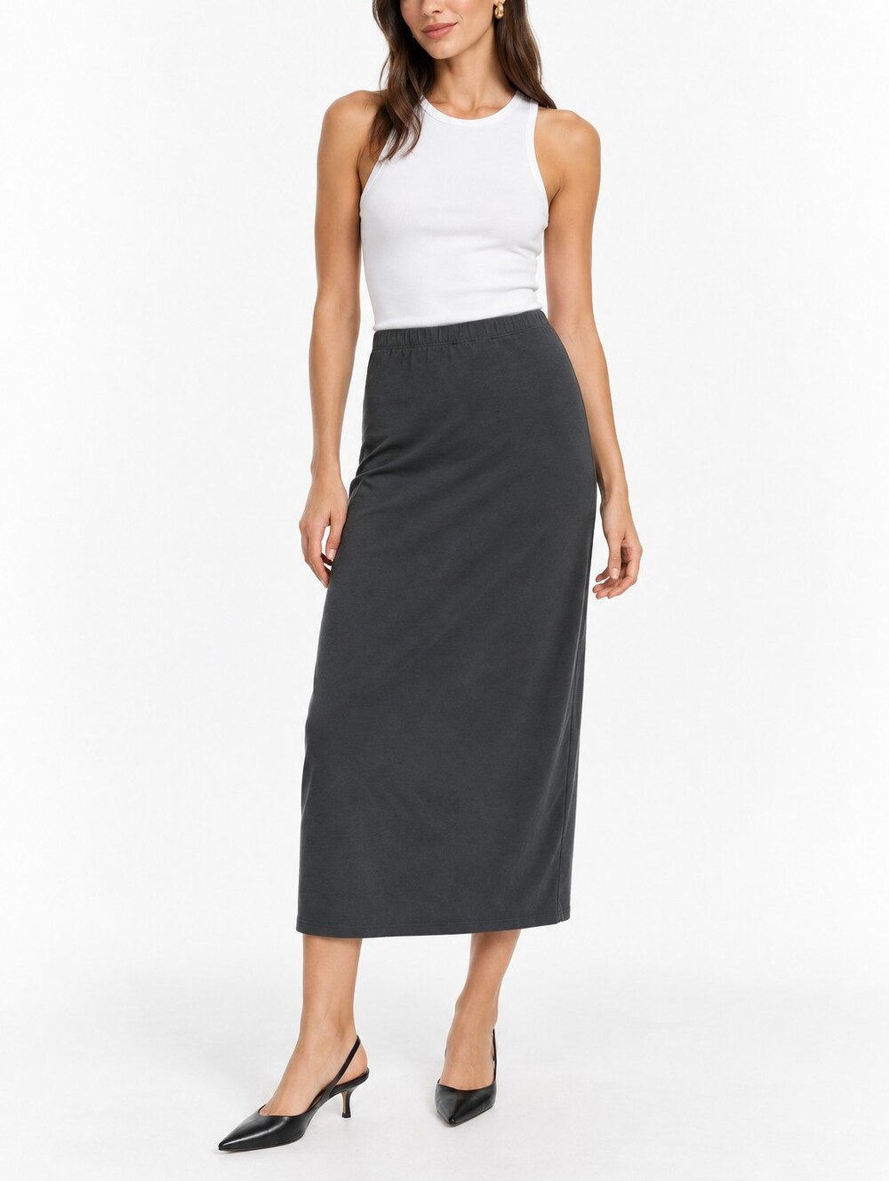 Reformation Charcoal Gray Cotton Stretch Midi Skirt S Minimalist 90s Chic